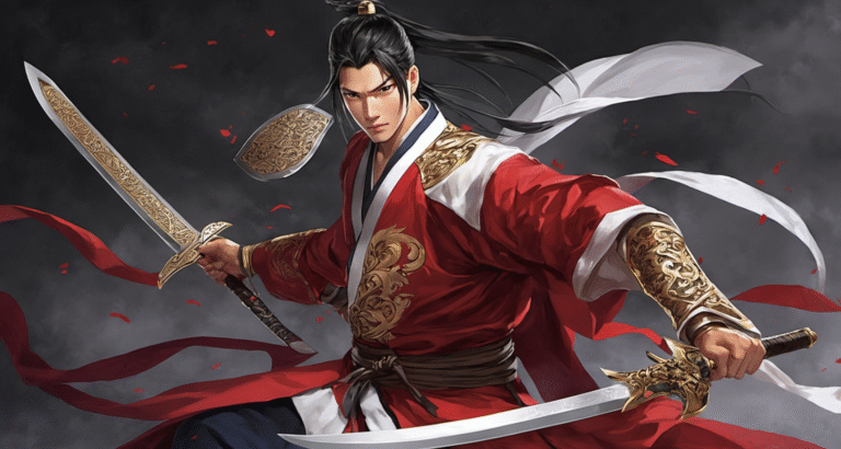 Joven guerrero de ropa roja con dos espadas cruzadas, símbolo de poder y destino en El Emperador de la Espada Infinita.
