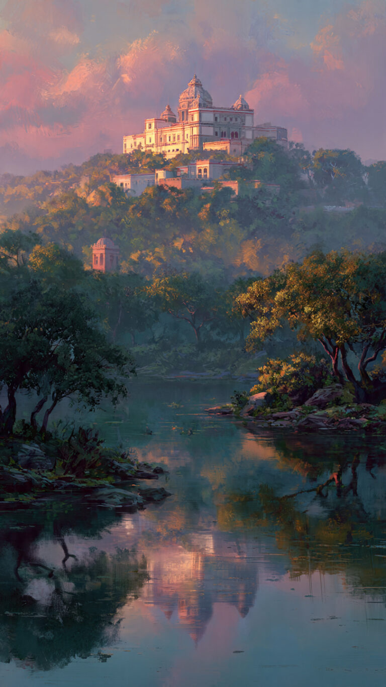 Vista del Castillo de Chapultepec rodeado de árboles y lagos al amanecer, símbolo histórico y natural de México.