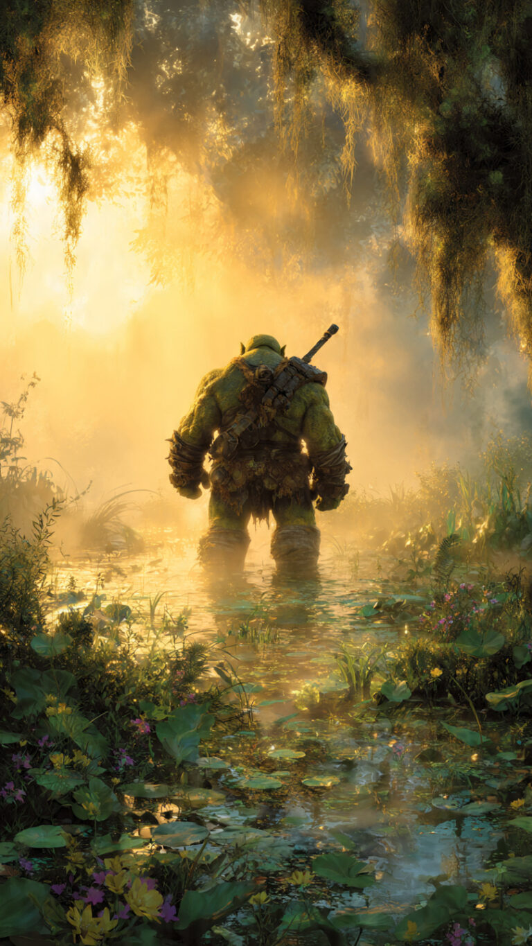 Ilustración de un ogro heroico en un pantano mágico al amanecer, símbolo de la reinvención de los cuentos de hadas.