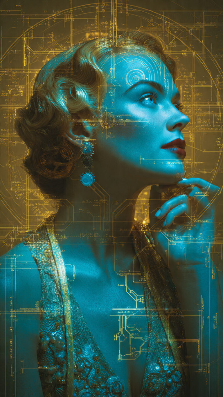 Retrato simbólico de una mujer elegante rodeada de planos y ondas de radio, representando la unión entre belleza y genio científico.