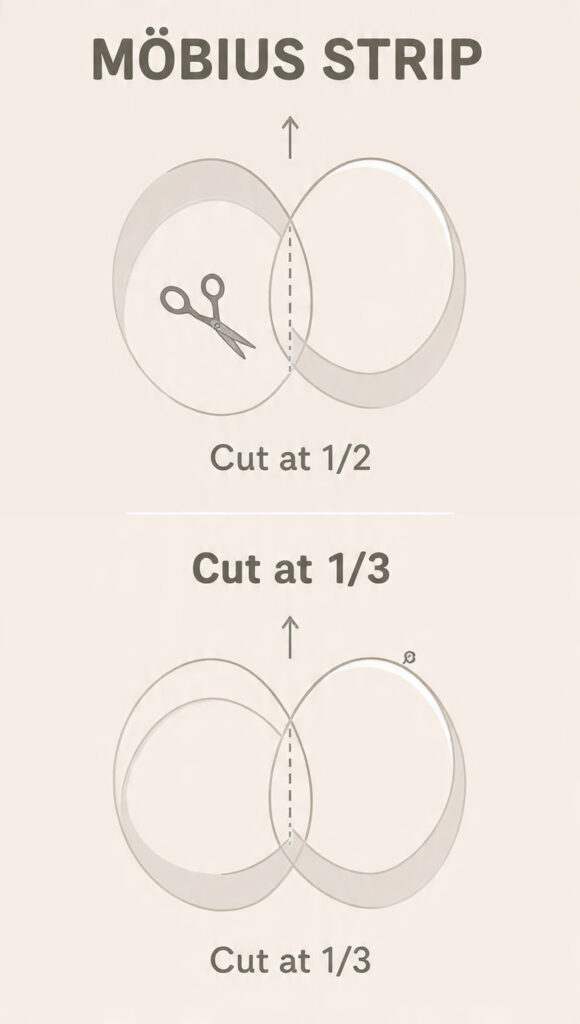 Un diagrama infográfico que muestra los resultados de cortar una cinta de Möbius por la mitad y en tercios.