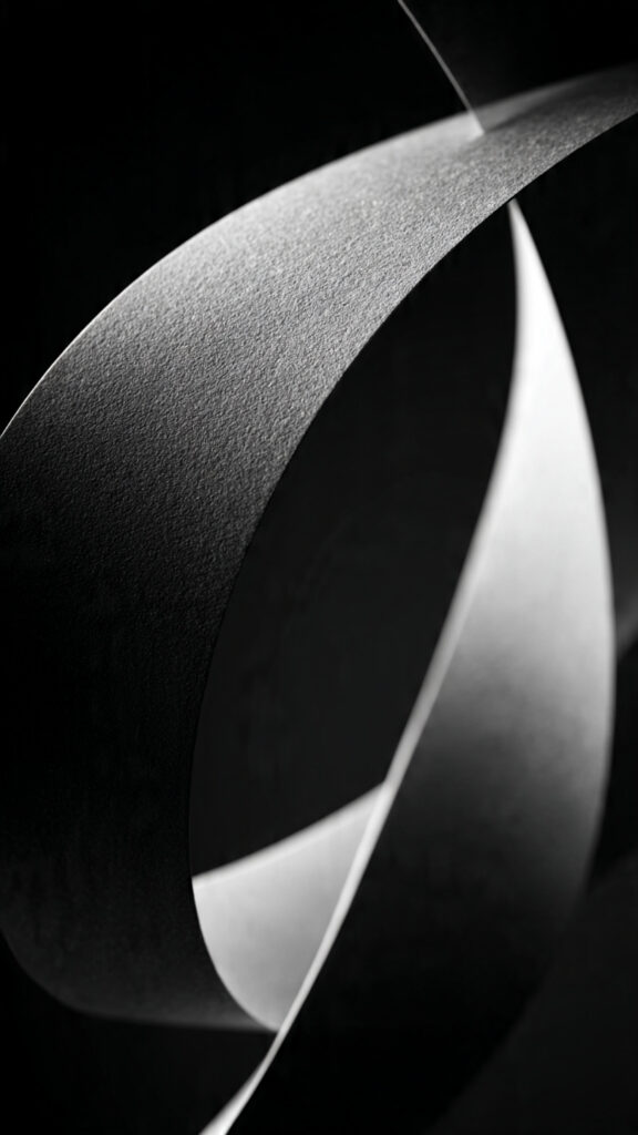 Una elegante cinta de Möbius hecha de papel blanco, suspendida sobre un fondo oscuro y minimalista.
