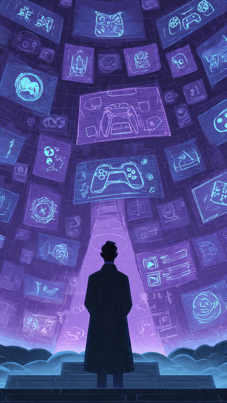 Ilustración digital de un analista observando pantallas holográficas con símbolos de videojuegos, representando el análisis crítico de la industria gamer.