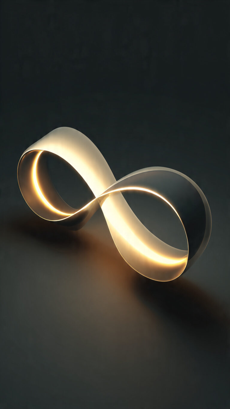 Ilustración moderna de una cinta tipo Möbius brillante que simboliza el concepto de infinito y geometría.