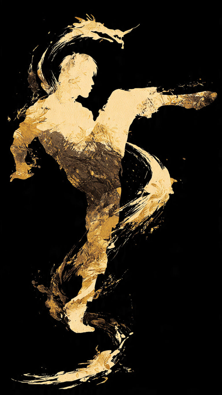 Ilustración artística de un guerrero marcial inspirado en Bruce Lee, en pose dinámica con motivos de dragón.