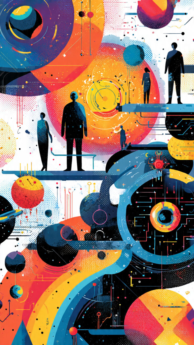 Ilustración futurista con elementos científicos y figuras que representan la búsqueda del conocimiento.