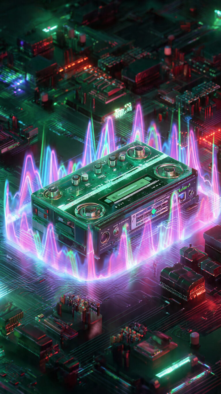 Ilustración digital de una tarjeta de sonido vintage con ondas holográficas representando la evolución del audio digital.