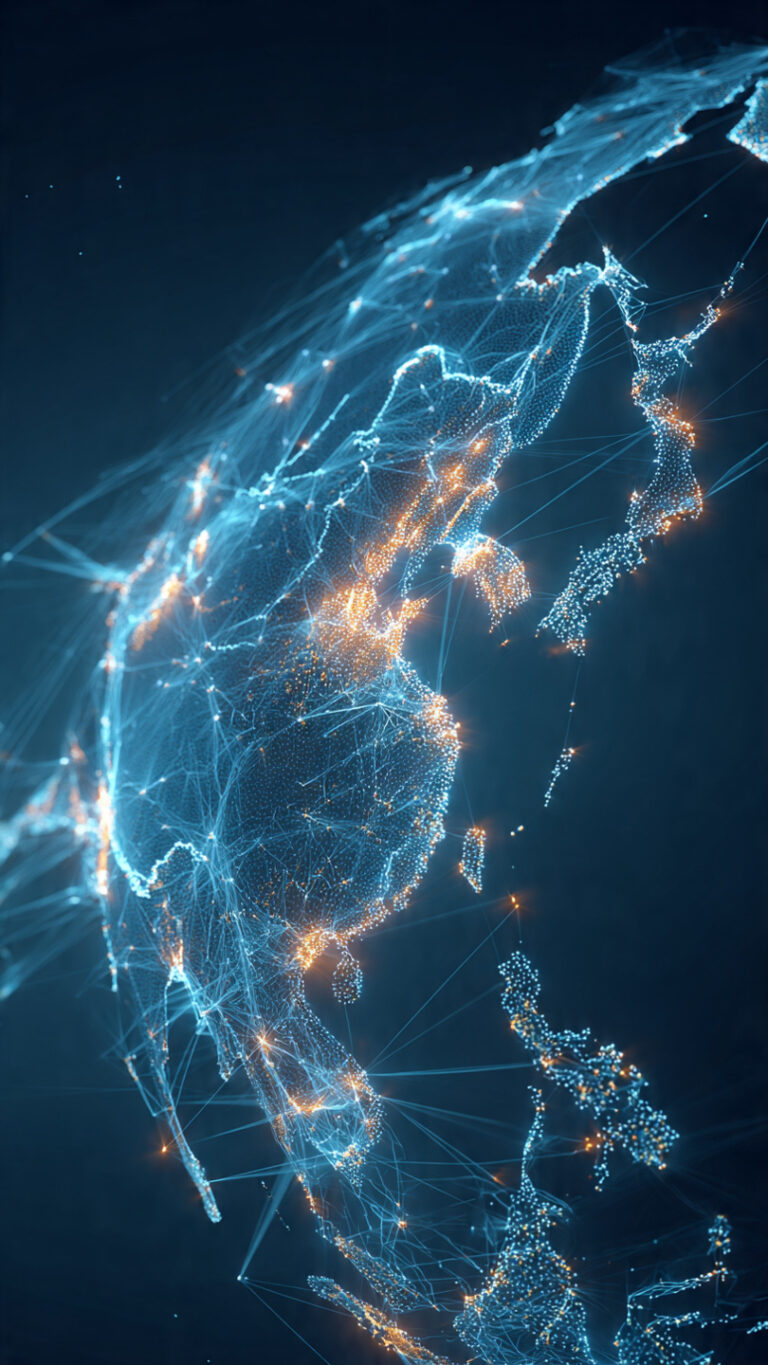 Ilustración digital de una red de comercio global que conecta China con el mundo, simbolizando el papel tecnológico y económico de Alibaba.