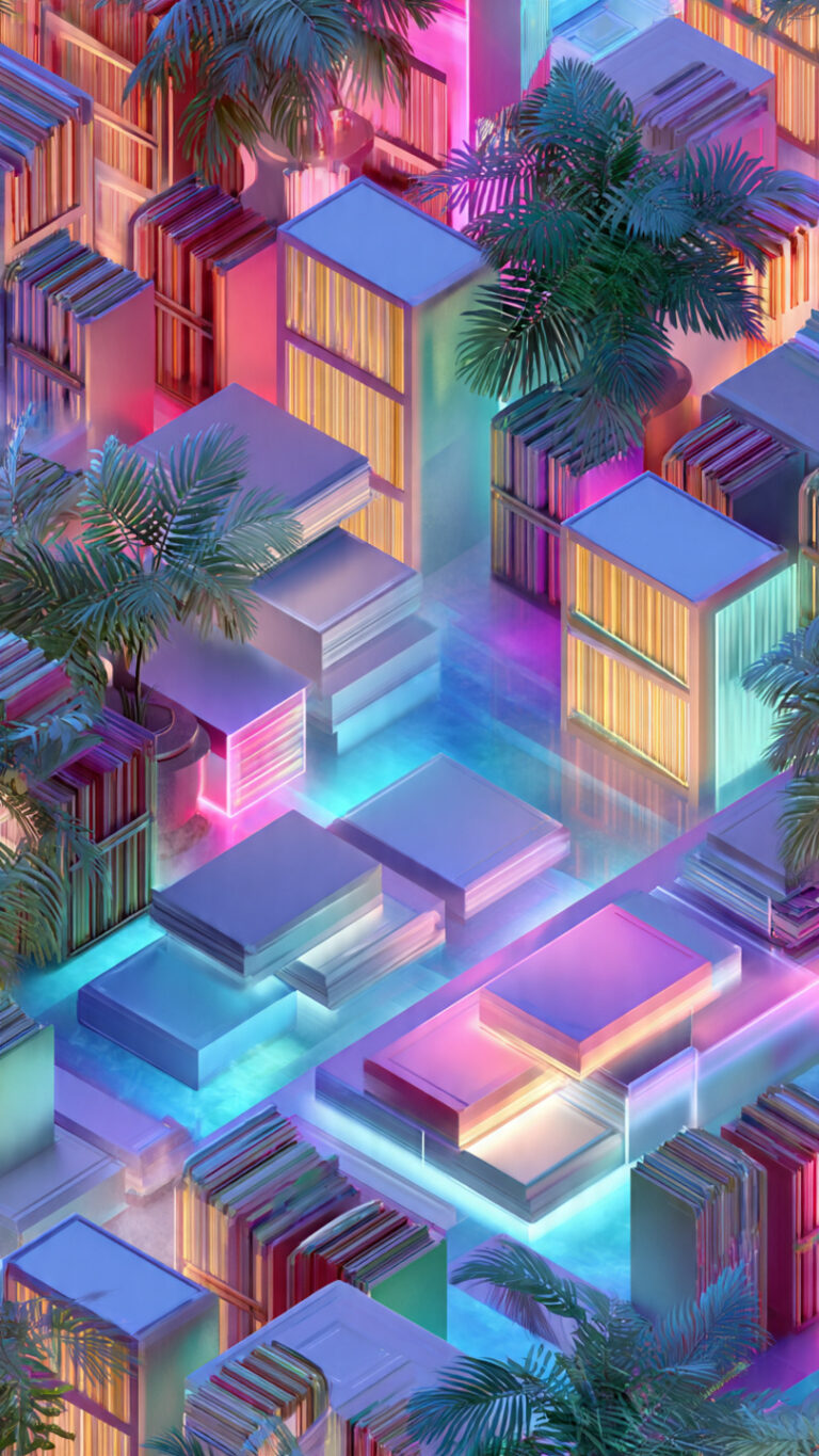 Ilustración de una biblioteca digital futurista con hologramas que simboliza el renacimiento educativo digital en América Latina.