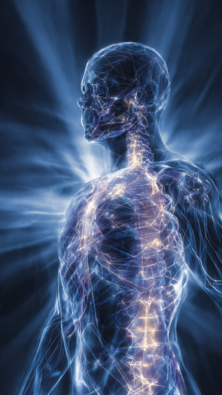 Ilustración simbólica del descubrimiento de los rayos X, mostrando la figura humana iluminada por haces de luz azul y blanca que revelan lo invisible.