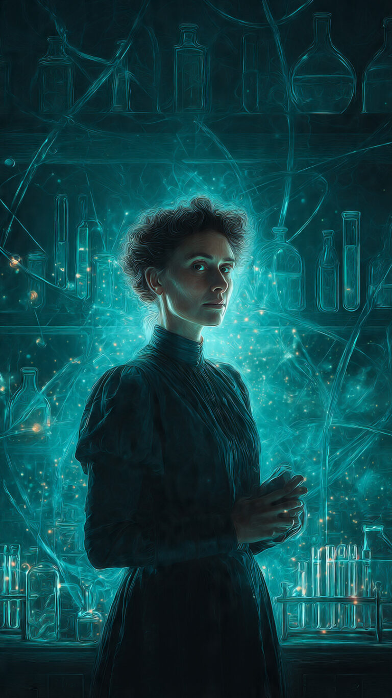 Ilustración conceptual de una científica en un laboratorio antiguo con luz radiante, simbolizando los descubrimientos y el legado de Marie Curie.