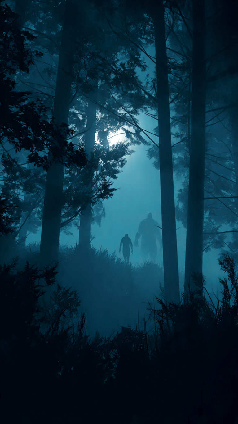 Bosque envuelto en niebla con siluetas de criaturas misteriosas, simbolizando el mundo oculto de los críptidos.
