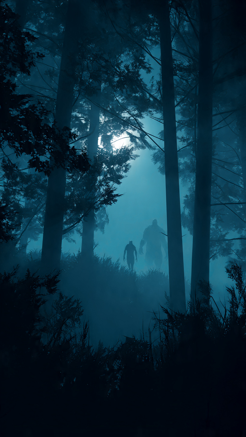 Bosque envuelto en niebla con siluetas de criaturas misteriosas, simbolizando el mundo oculto de los críptidos.
