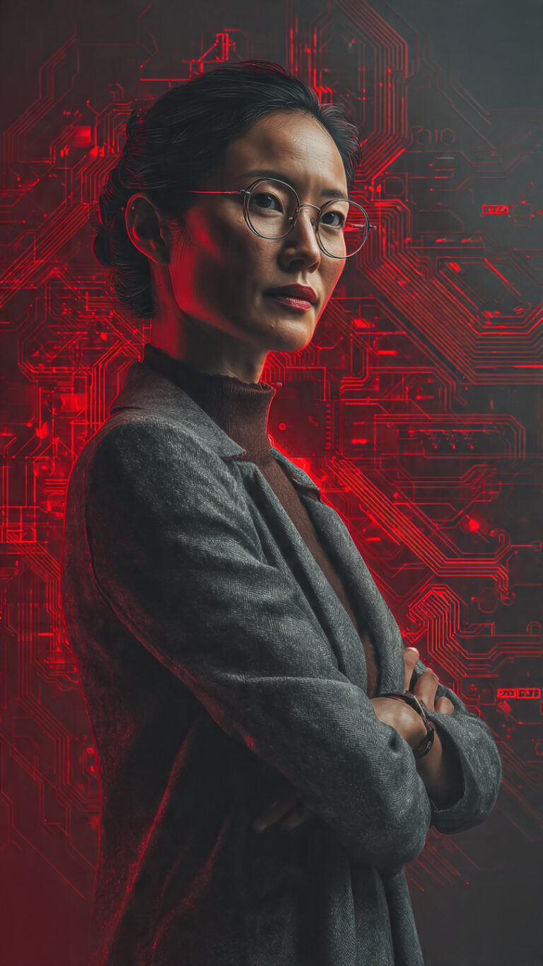 Retrato digital realista de Lisa Su, directora ejecutiva de AMD, representando liderazgo e innovación en la industria tecnológica.