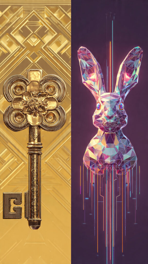 Una comparación de una llave física del Playboy Club de los 60 y un NFT digital de Playboy "Rabbitar" de los 2020.