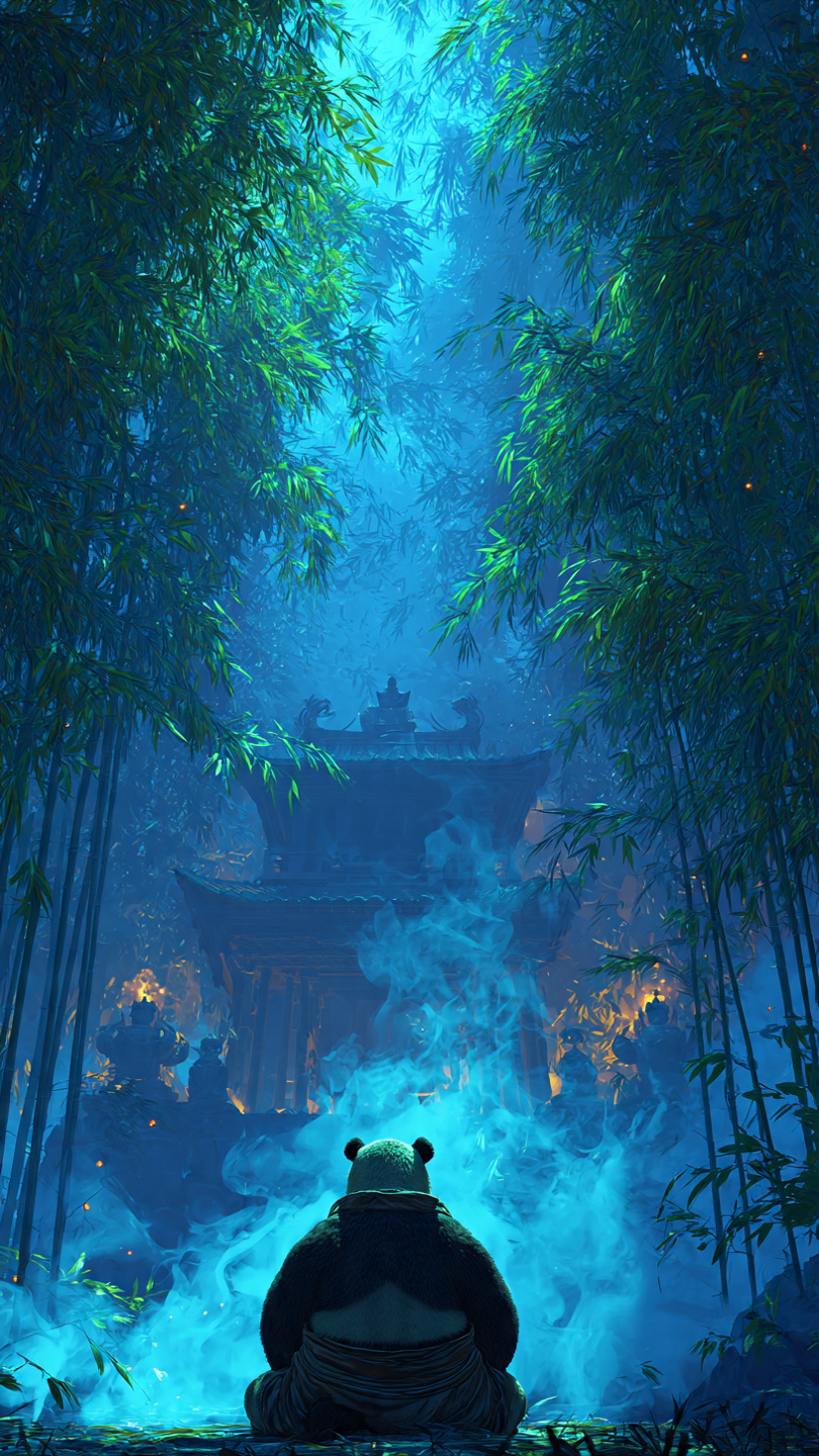 Ilustración simbólica de un panda guerrero meditando entre montañas y bambú, representando equilibrio, sabiduría y paz interior.