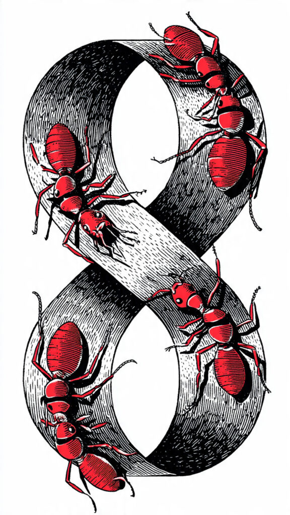 Una representación estilizada de hormigas caminando en una procesión interminable a lo largo de una cinta de Möbius con forma de escalera, en un estilo que recuerda a M.C. Escher.