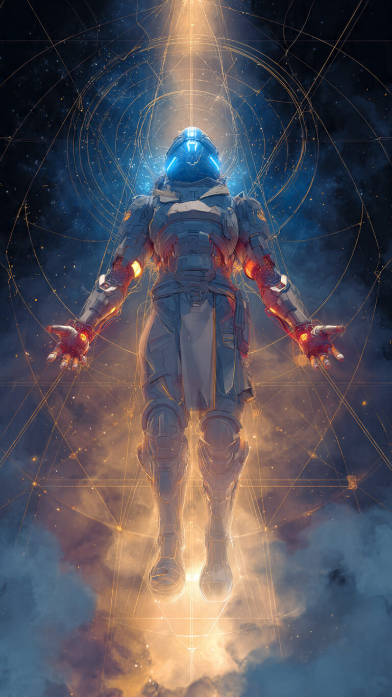 Arte simbólico de un héroe caído entre la luz y la oscuridad, inspirado en la figura de Darth Vader, representando redención y conflicto interior.