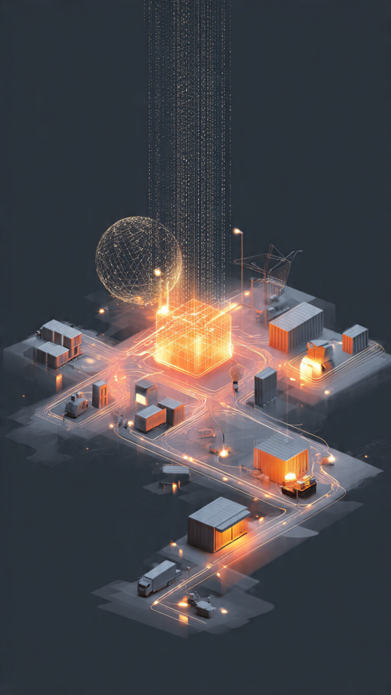 Ilustración conceptual de una plataforma de comercio electrónico global conectada por tecnología digital