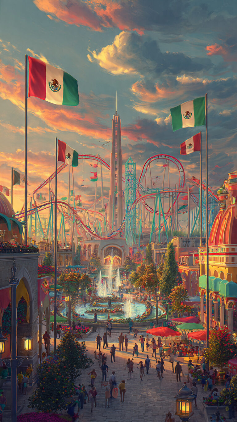 Vista panorámica de un parque de diversiones inspirado en Reino Aventura y Six Flags México, con montañas rusas y ambiente familiar al atardecer.