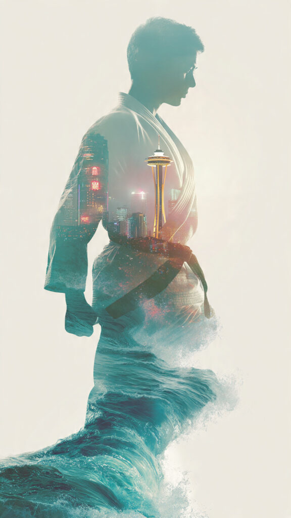 Doble exposición con la silueta de un artista marcial formada por olas dinámicas, sobre un fondo urbano que combina luces de Hong Kong y la Aguja Espacial de Seattle.