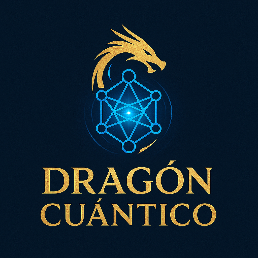 Logo dorado y azul de Dragón Cuántico con geometría energética y diseño futurista.