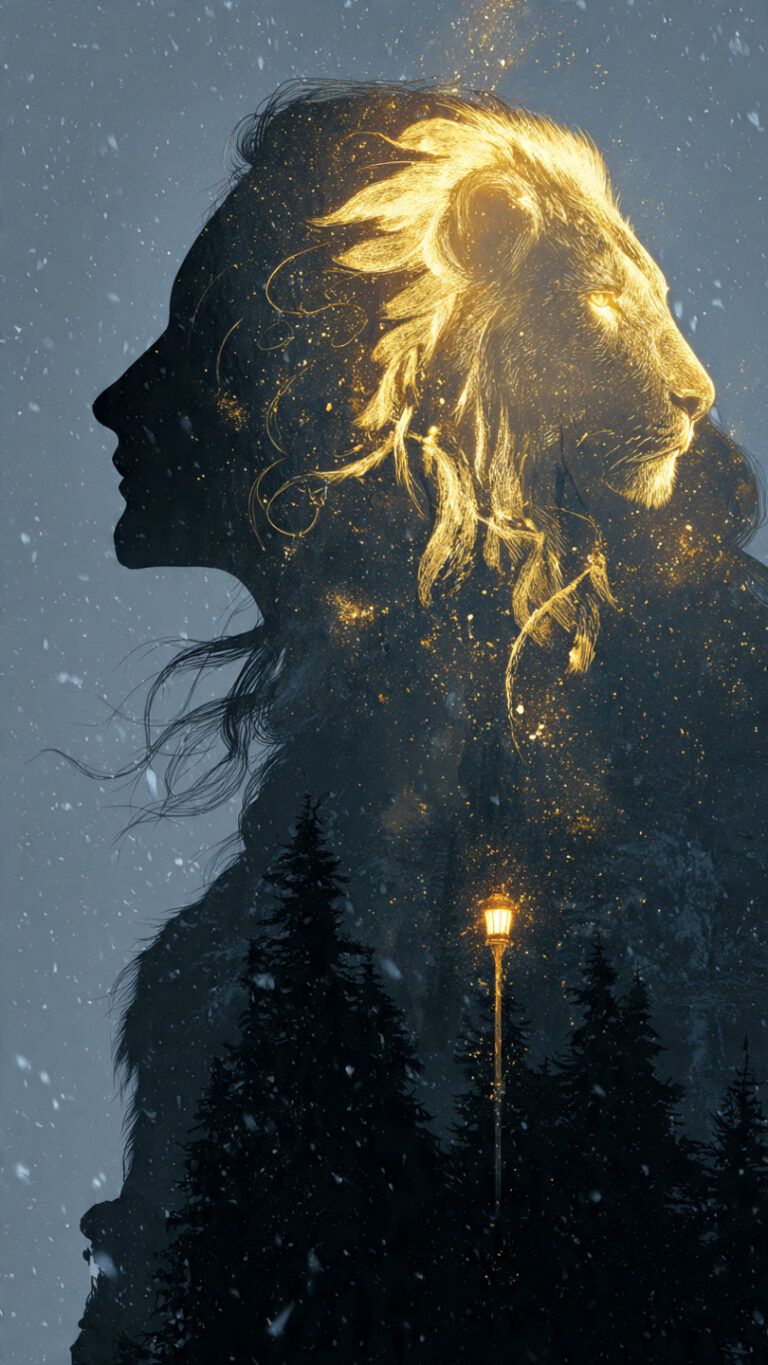 Ilustración fantástica con la silueta luminosa de un narrador y un león majestuoso, con un bosque mágico y una farola nevada al fondo.