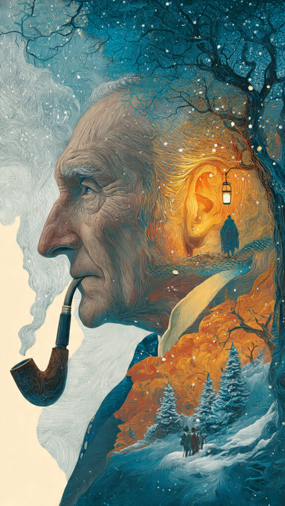 : Composición artística de C.S. Lewis rodeado por el mundo de Narnia y la Trilogía Cósmica.