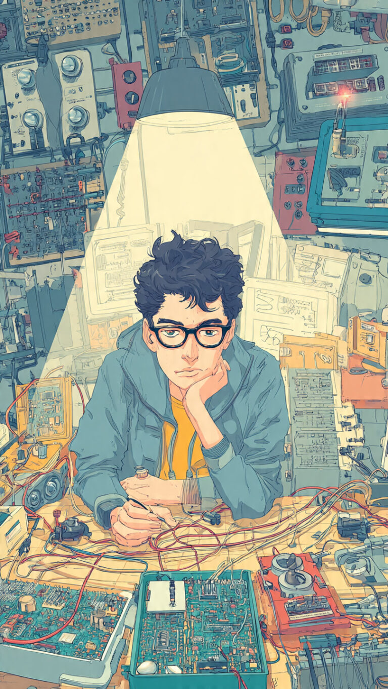 Ilustración estilo retro de un aficionado a la electrónica trabajando en un banco de componentes y circuitos.