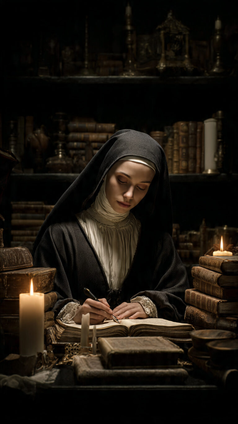 Retrato artístico de Sor Juana Inés de la Cruz rodeada de libros en su celda.
