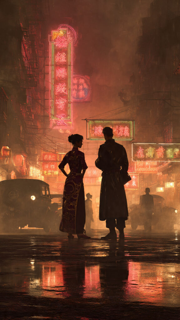 Ilustración sepia de una calle inspirada en el Hong Kong de los años 50, con reflejos de neón y dos siluetas simbólicas: una con vestuario de ópera china y otra con chaqueta de cuero en actitud firme.