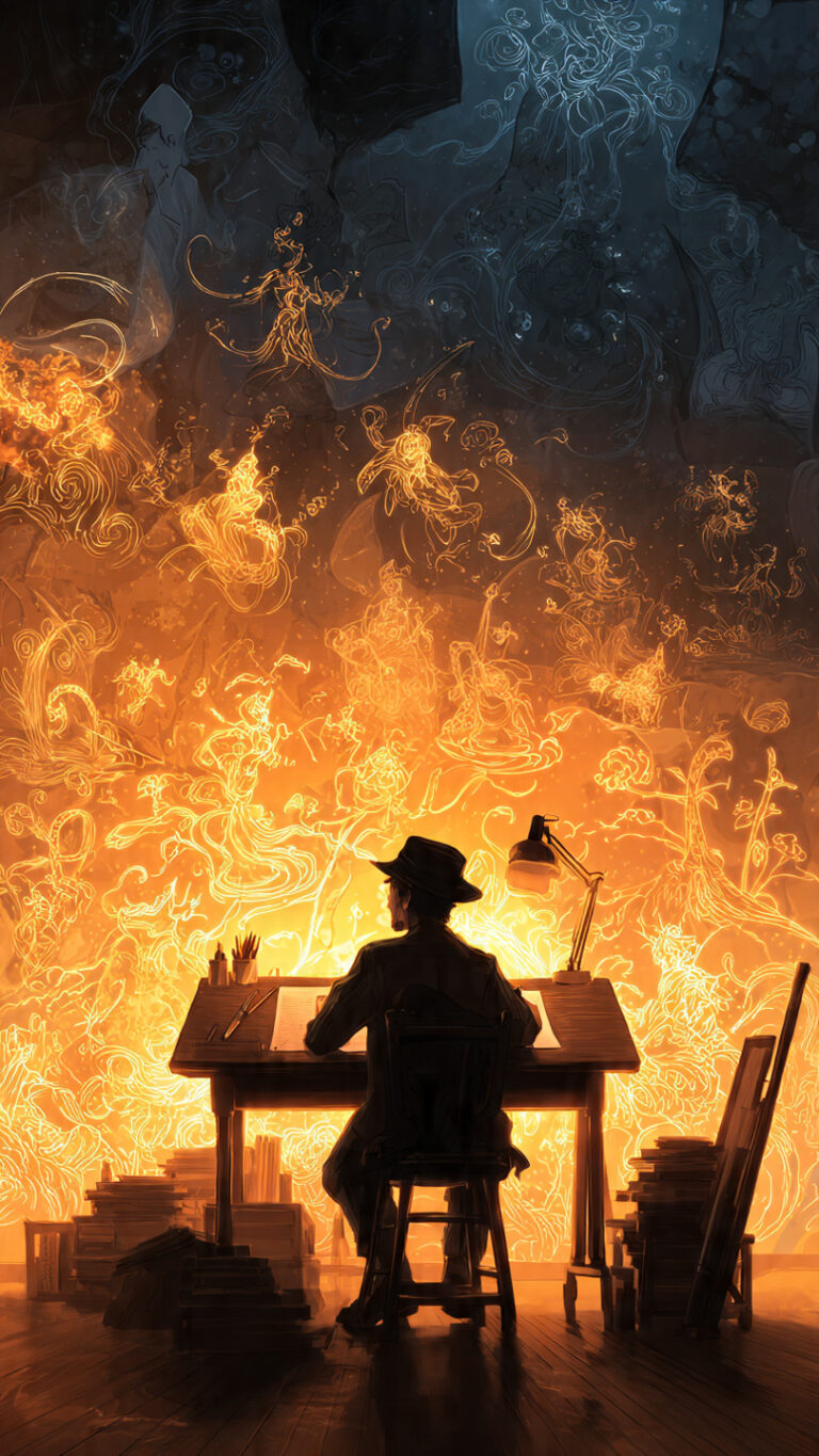 Silueta de un artista de manga en su estudio, rodeado de inspiración y luz creativa.