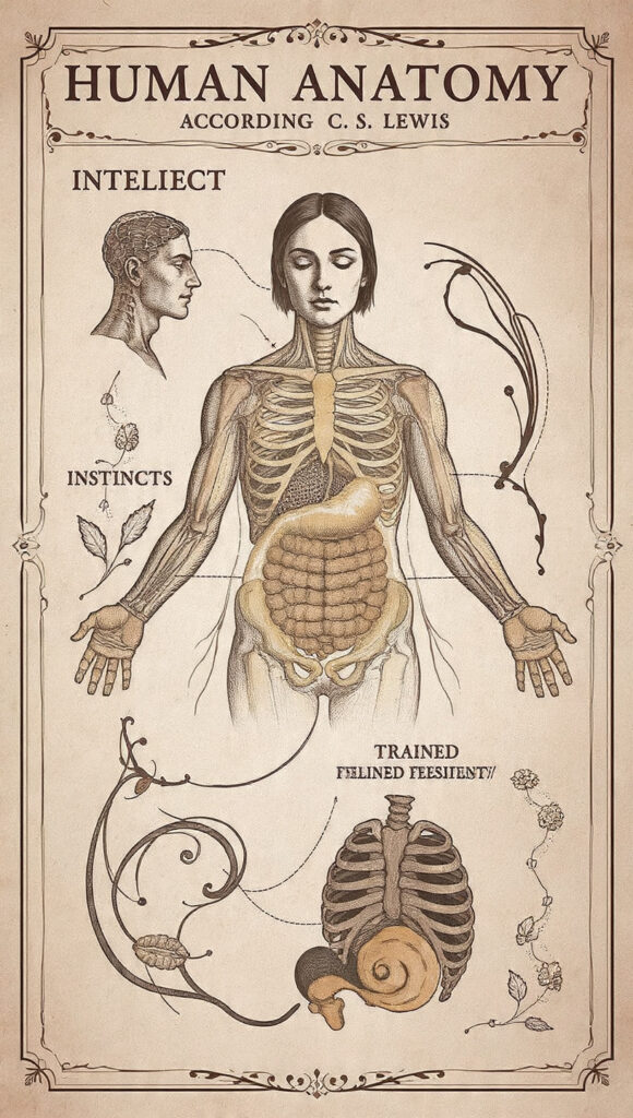 Infografía vintage estilo grabado antiguo que muestra una figura humana dividida en Cabeza, Pecho y Vientre como metáforas del intelecto, la virtud y los instintos.