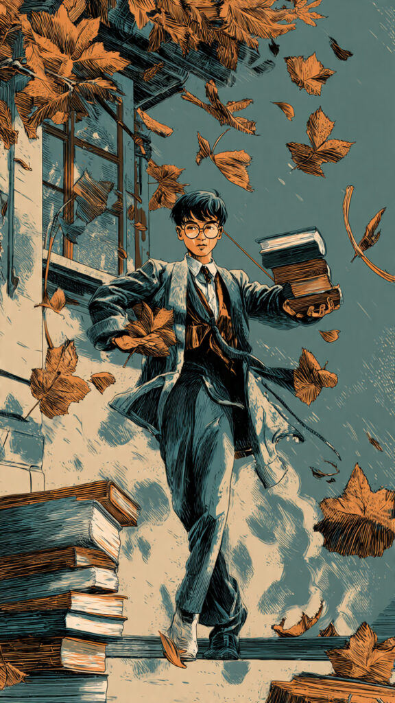 Ilustración estilo cómic vintage de un estudiante de artes marciales en un campus universitario con libros de filosofía y hojas de otoño.