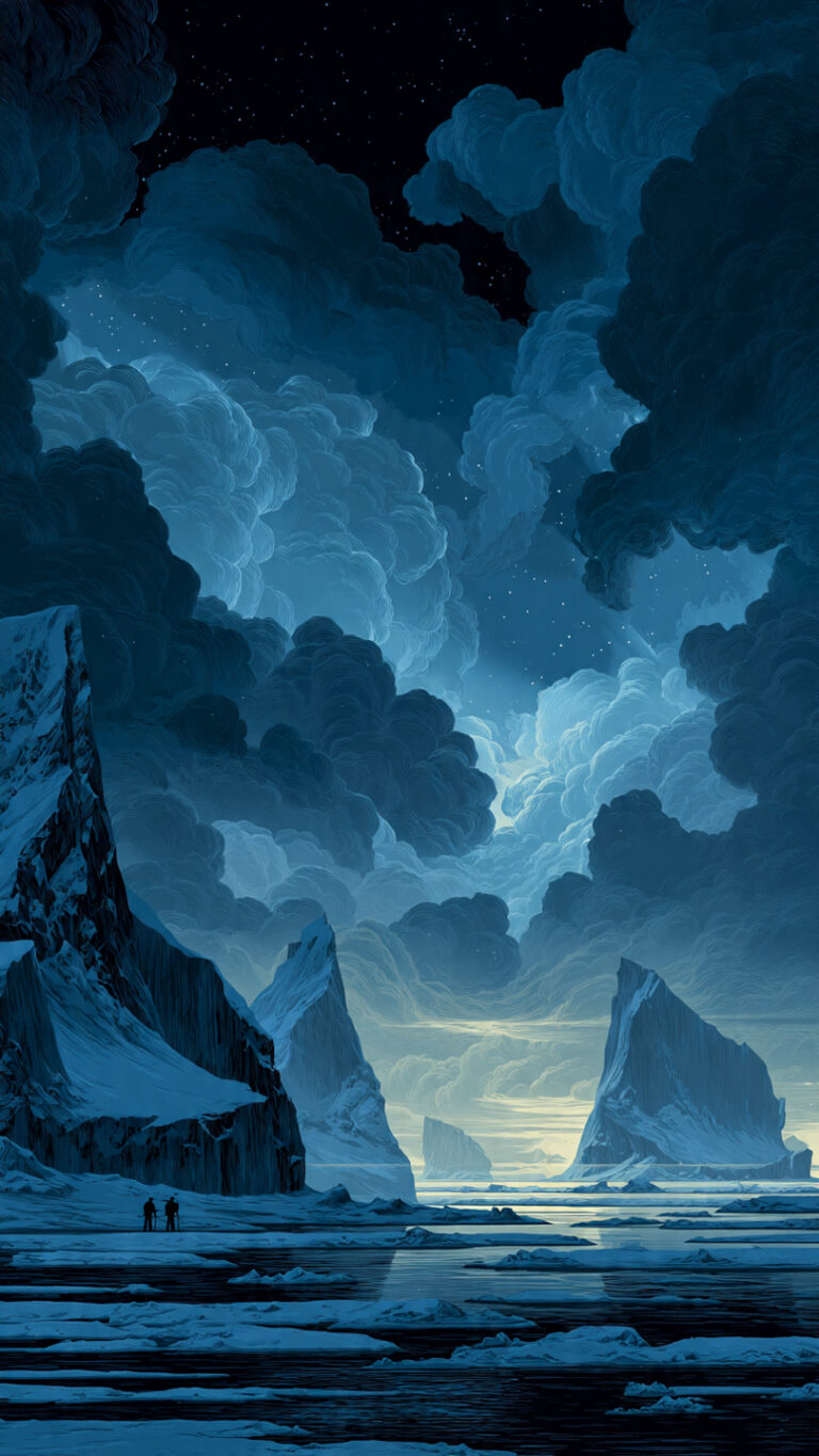Ilustración misteriosa del paisaje antártico nocturno con sombras gigantes bajo el hielo y auroras iluminando la escena.