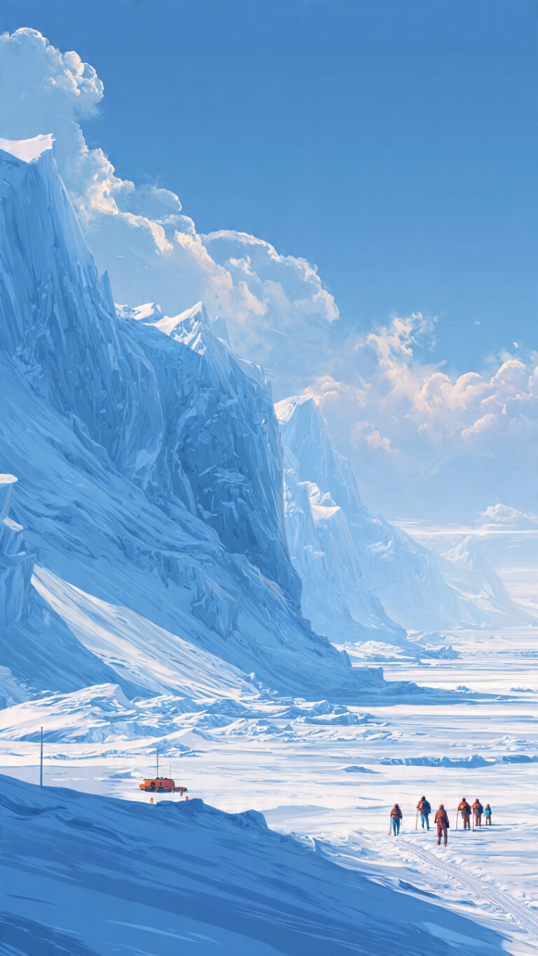 Paisaje antártico con glaciares, campos de hielo y una estación científica en la distancia.