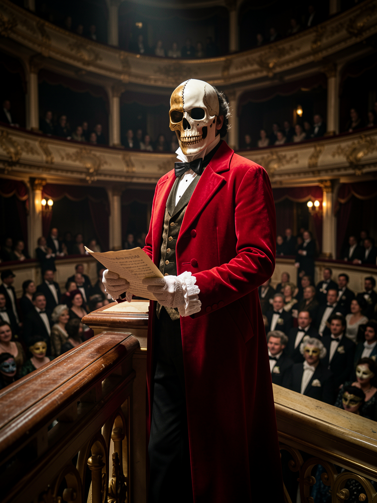 El Fantasma de la Ópera con traje rojo y máscara de calavera en la escena de la mascarada.