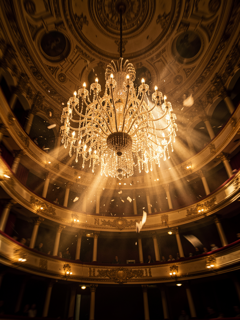 El gran candelabro de cristal cayendo sobre la audiencia en el teatro.