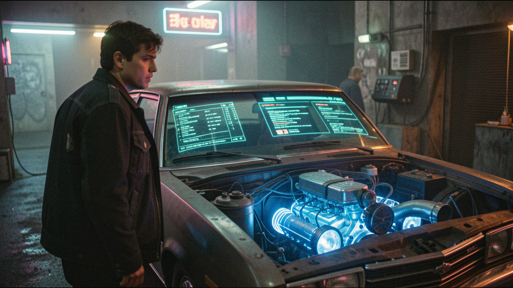 Silueta de hombre junto a un coche con componentes tecnológicos brillantes, estilo misterio internet años 2000