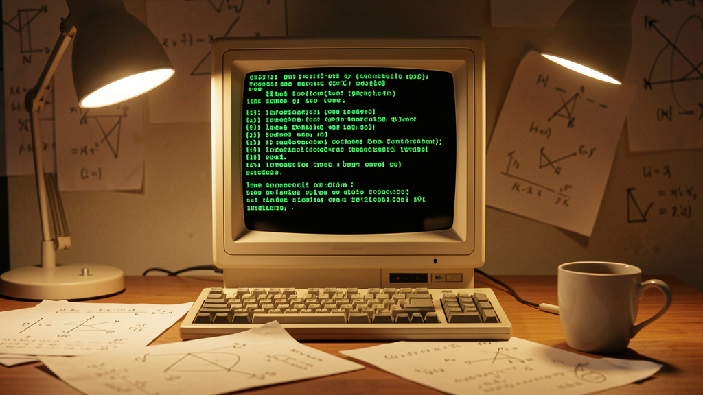 Monitor antiguo con texto verde y ecuaciones manuscritas, estética de foros internet años 2000