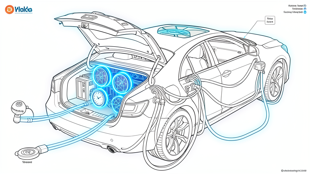 Diagrama técnico de un coche con anillos luminosos y relojes atómicos en el maletero, estilo blueprint futurista