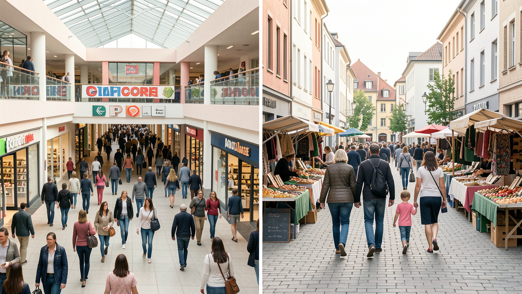 Imagen dividida mostrando un centro comercial antiguo a la izquierda y una plaza de pueblo moderno con familias a la derecha