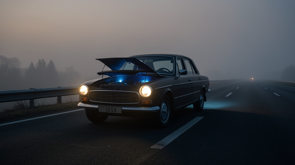 Coche clásico aparcado en una carretera solitaria al atardecer con resplandor azul bajo el capó